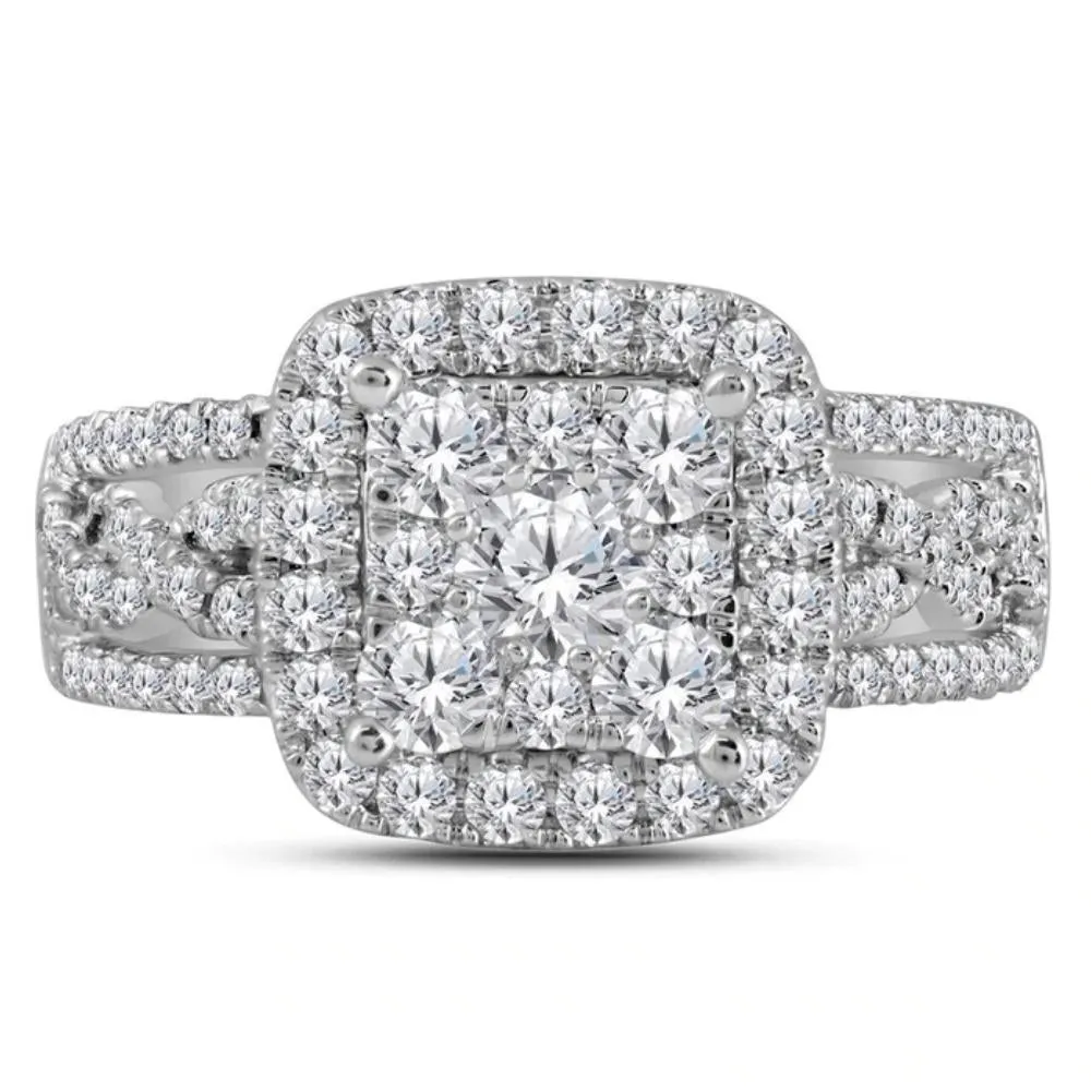 1 1/2Ct Cushion Halo Cluster Diamond Engagement Ring in White Gold