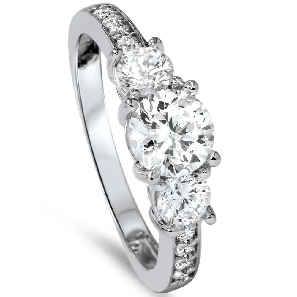 1 1/2ct Three Stone Round Diamond Engagement Ring 14K White Gold