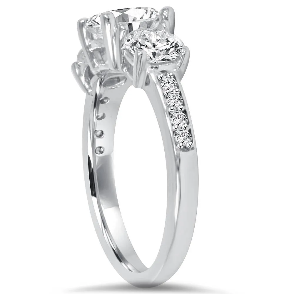 1 1/2ct Three Stone Round Diamond Engagement Ring 14K White Gold