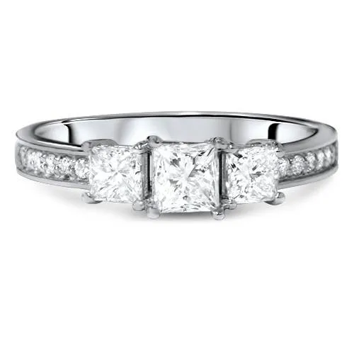 1 1/4ct Three Stone Princess Cut Diamond Engagement Ring 14K White Gold