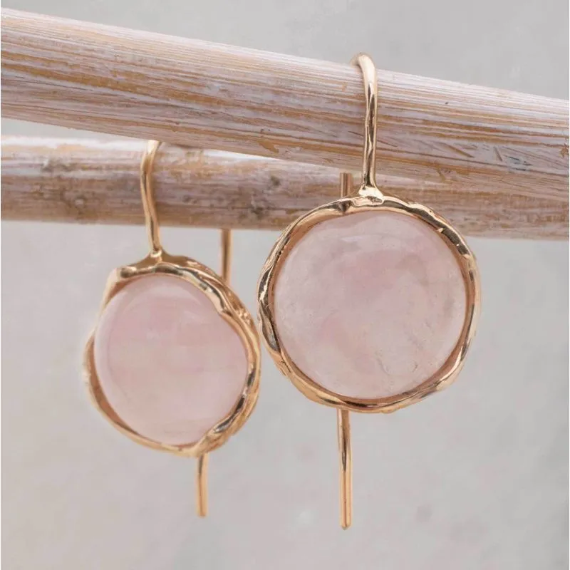 14K Rose Gold Round Pink Rose Quartz 12mm Dangle Earrings