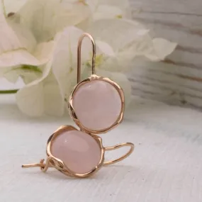 14K Rose Gold Round Pink Rose Quartz 12mm Dangle Earrings