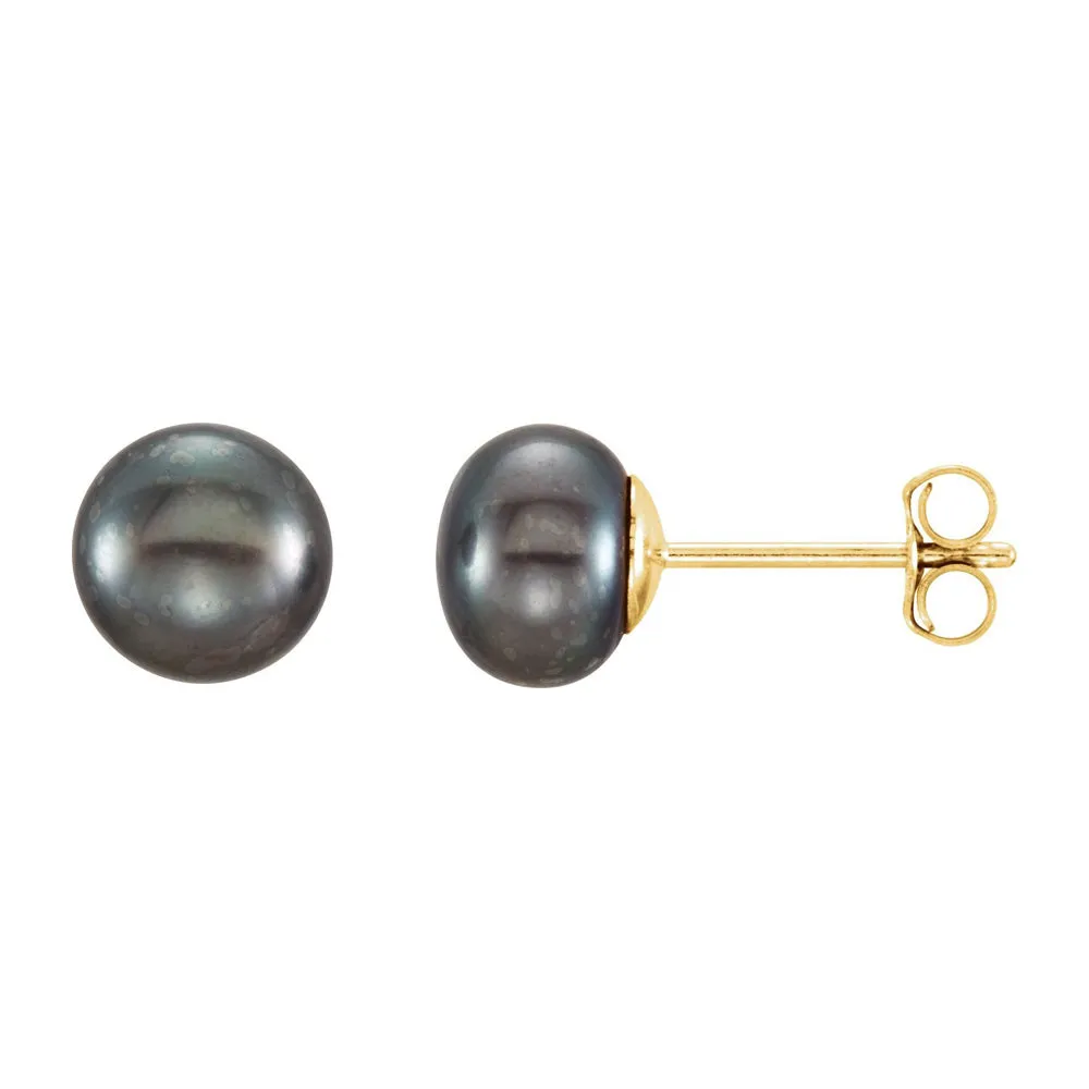 14K Yellow Gold Black Freshwater Cultured Pearl Stud Earrings