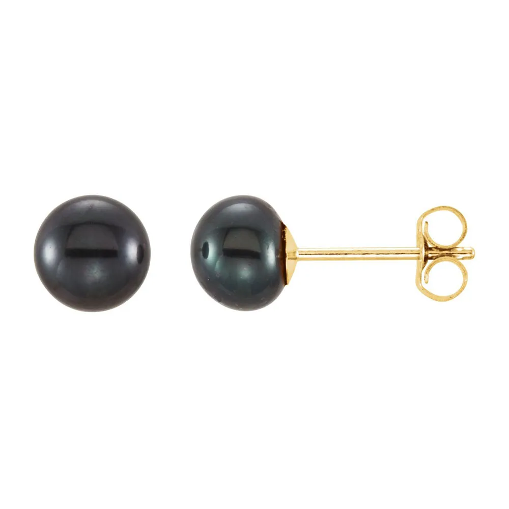 14K Yellow Gold Black Freshwater Cultured Pearl Stud Earrings