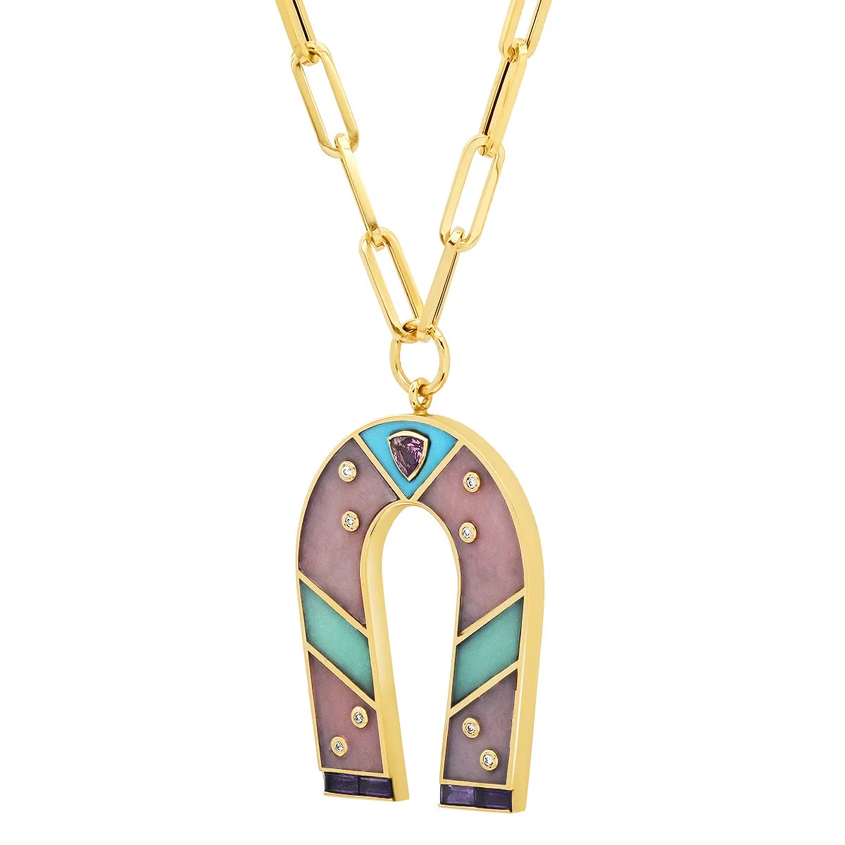 14K Yellow Gold Pink Opal and Chrysoprase Horseshoe Necklace