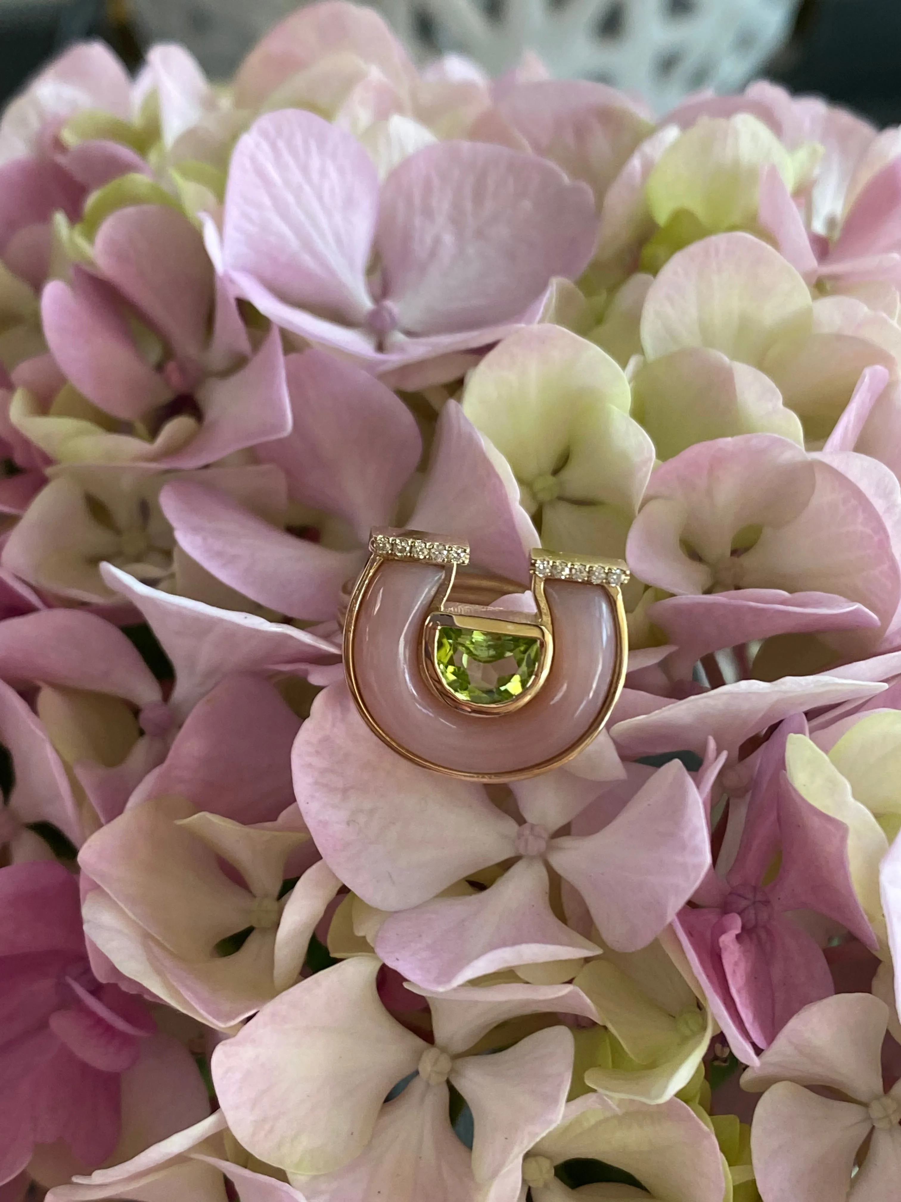 14K YG Peridot, Pink Opal and Diamond Horseshoe Ring