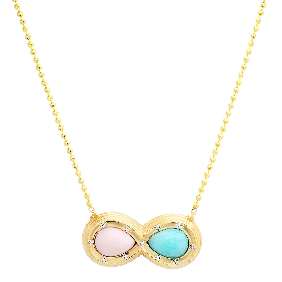 14K YG Pink Opal and Amazonite Diamond Infinity Necklace