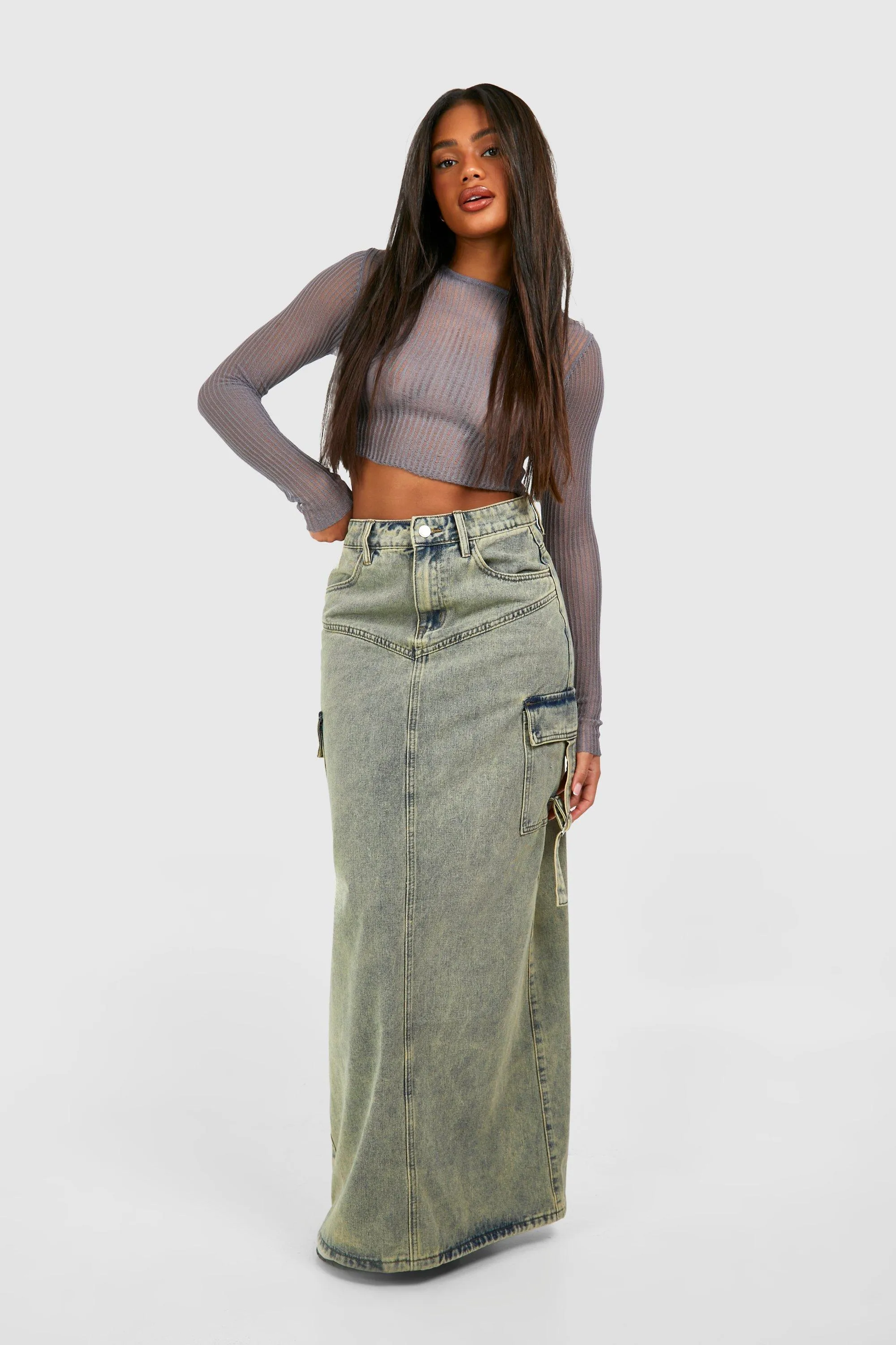 A Line Cargo Pocket Denim Maxi Skirt