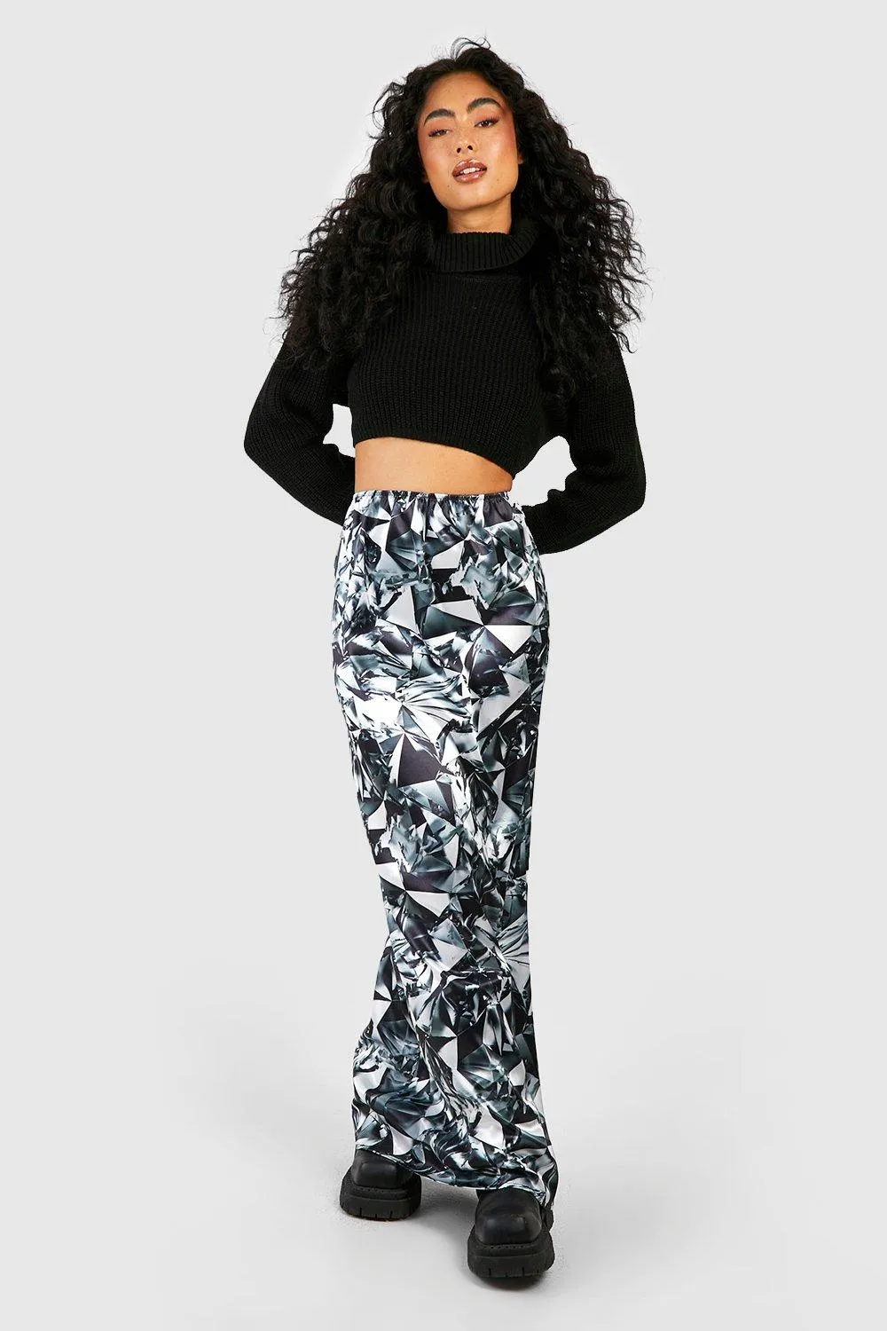 Abstract Printed Satin Maxi Skirt