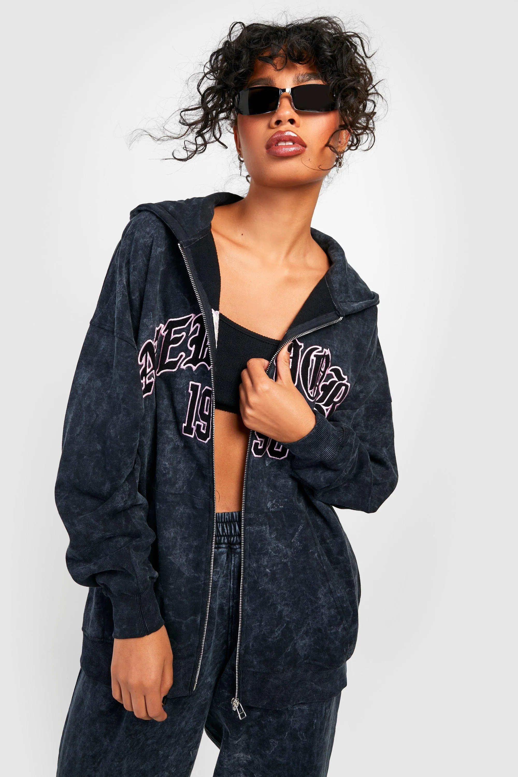 Acid Wash Applique Zip Through Hoodie