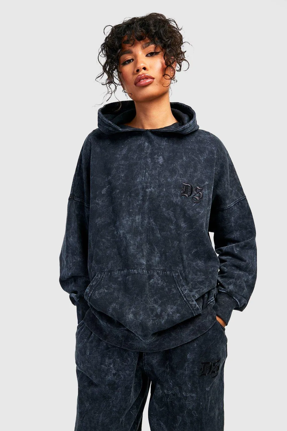 Acid Wash Embroidered Oversized Hoodie