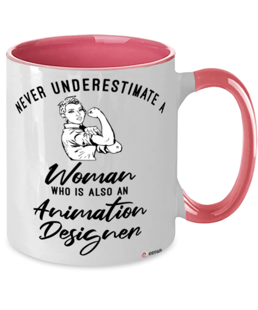 Animation Designer Mug Never Underestimate A Woman Who Is Also An Animation Designer Coffee Cup Two Tone Pink 11oz