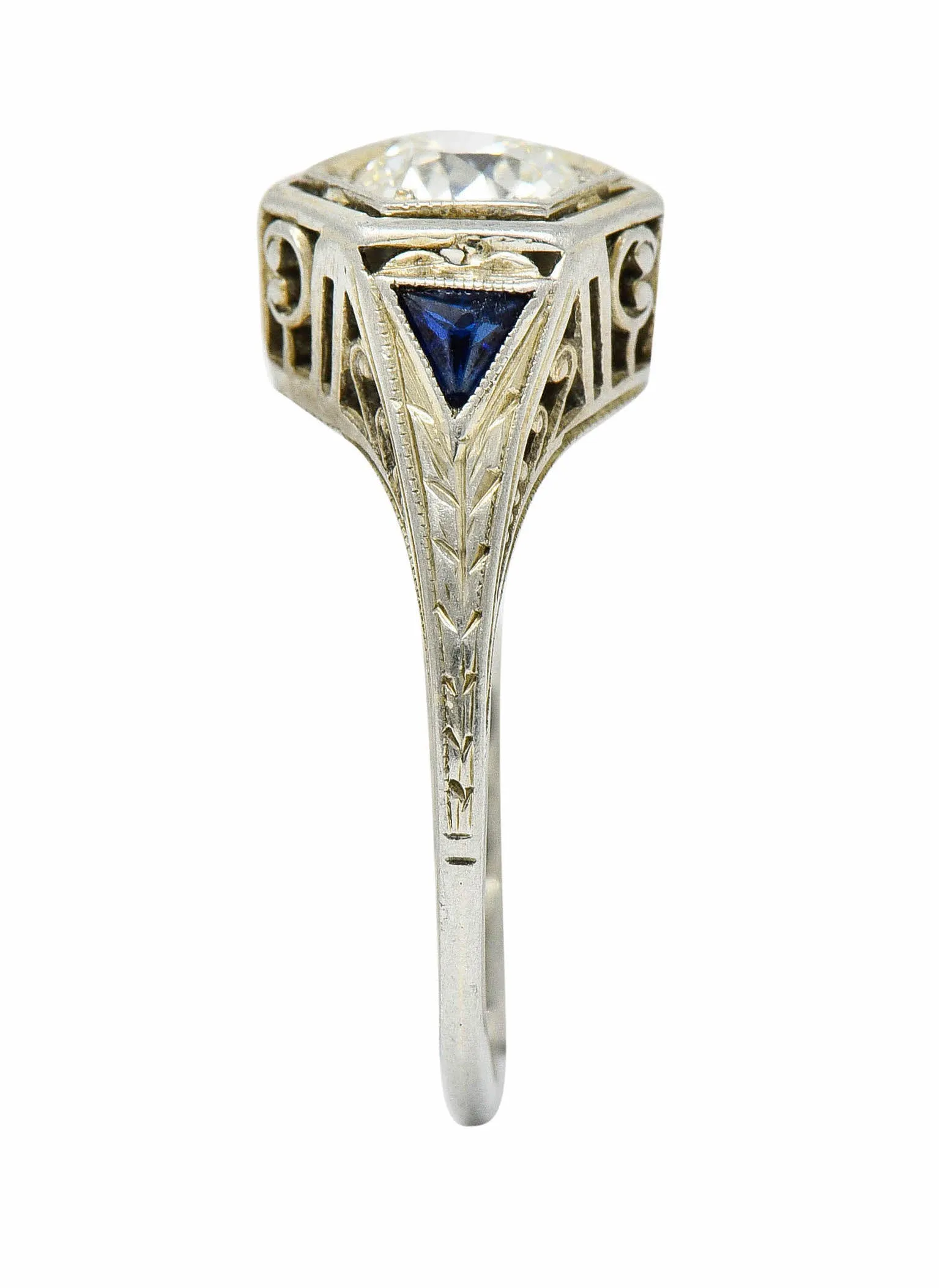 Art Deco 0.55 CTW Diamond Sapphire 18 Karat White Gold Hexagonal Ring