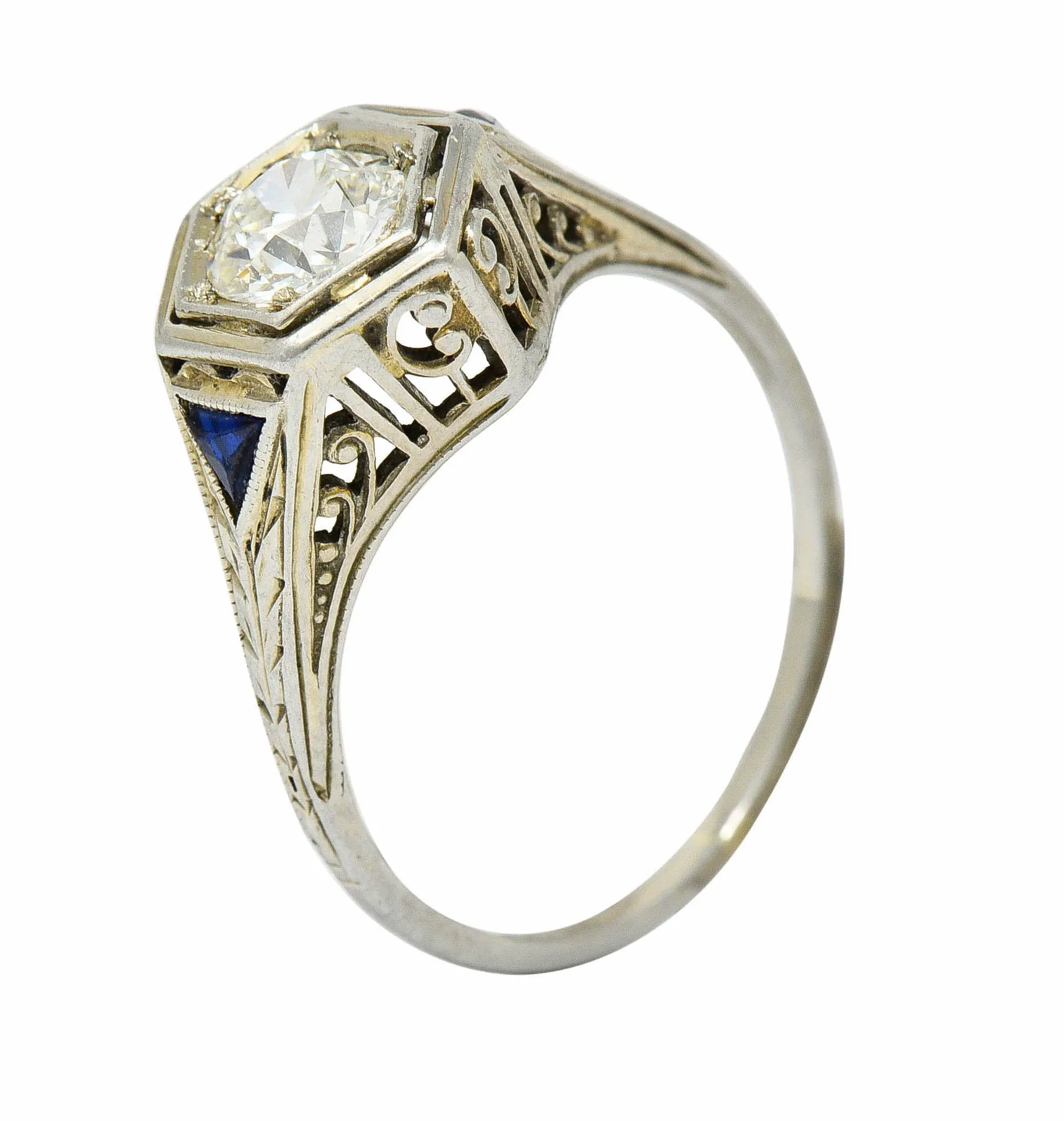 Art Deco 0.55 CTW Diamond Sapphire 18 Karat White Gold Hexagonal Ring