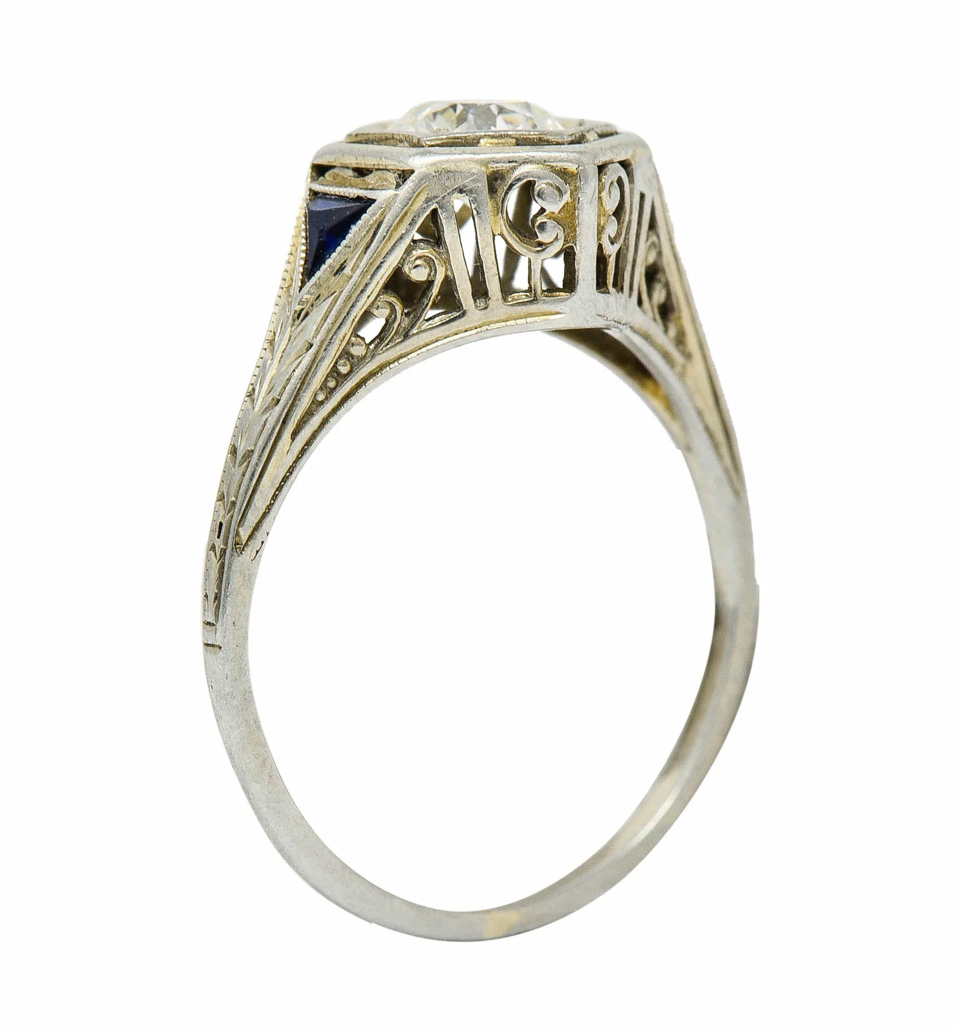 Art Deco 0.55 CTW Diamond Sapphire 18 Karat White Gold Hexagonal Ring