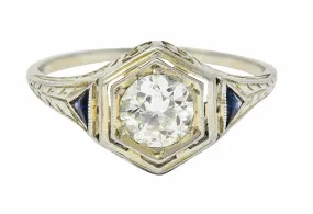 Art Deco 0.55 CTW Diamond Sapphire 18 Karat White Gold Hexagonal Ring