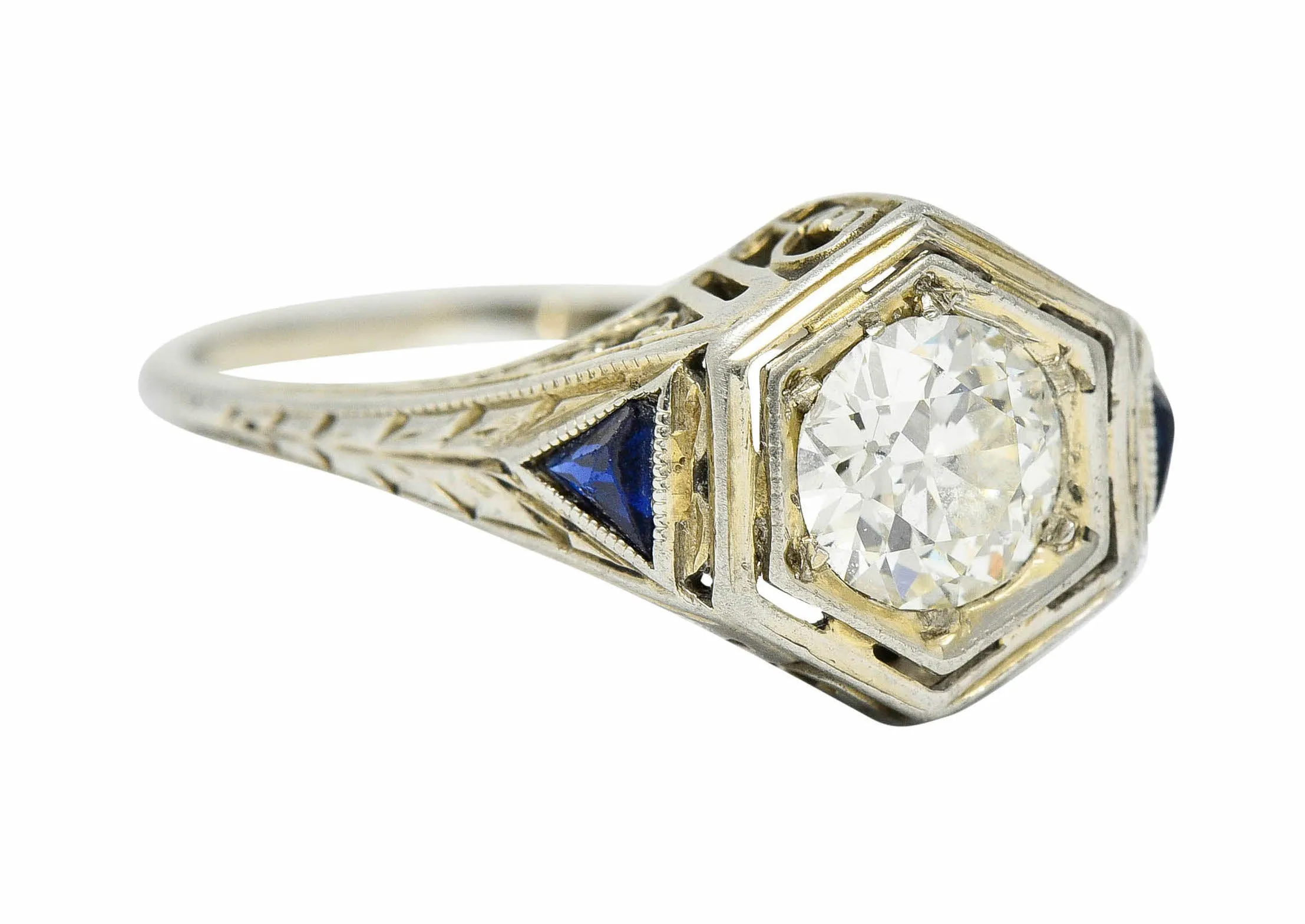 Art Deco 0.55 CTW Diamond Sapphire 18 Karat White Gold Hexagonal Ring