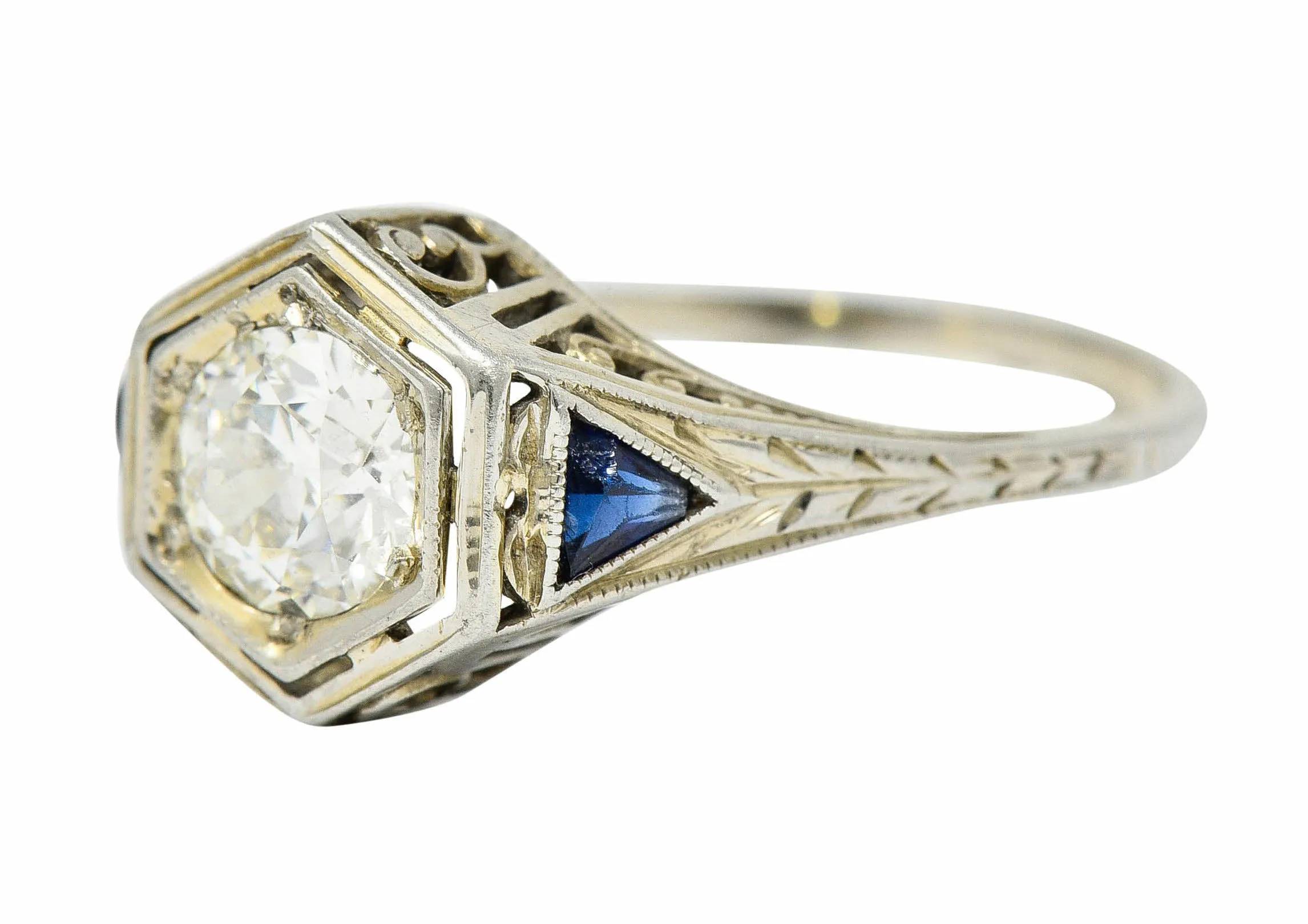 Art Deco 0.55 CTW Diamond Sapphire 18 Karat White Gold Hexagonal Ring