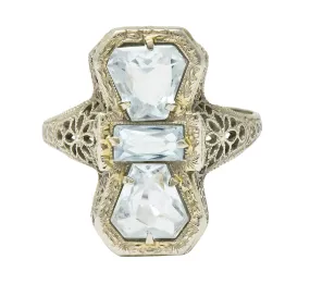 Art Deco Aquamarine 14 Karat White Gold Three Stone Dinner Ring