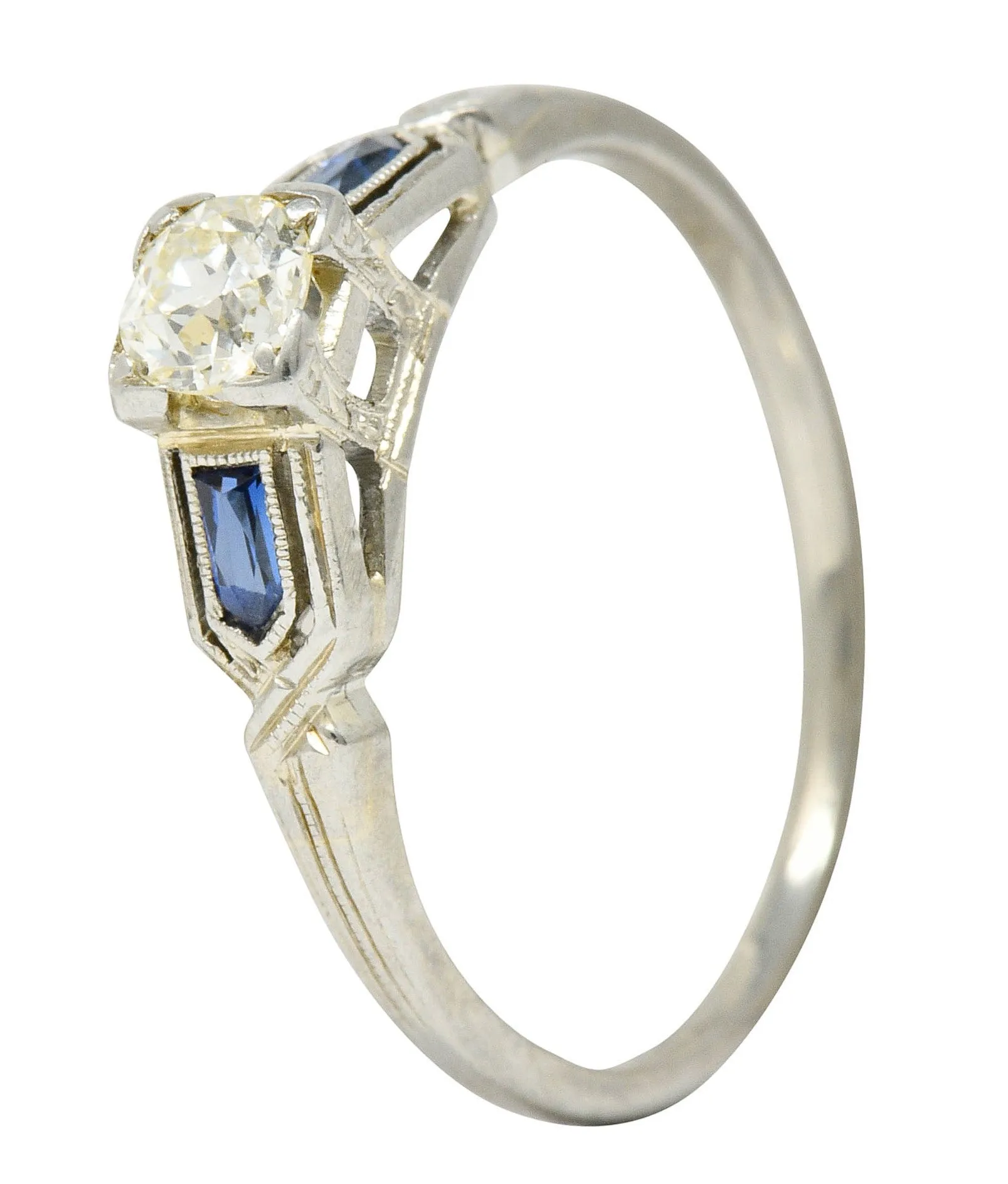 Art Deco Diamond Sapphire 18 Karat White Gold Engagement Ring