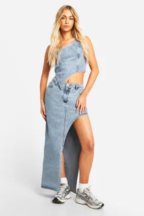 Asymmetric Thigh Split Denim Maxi Skirt