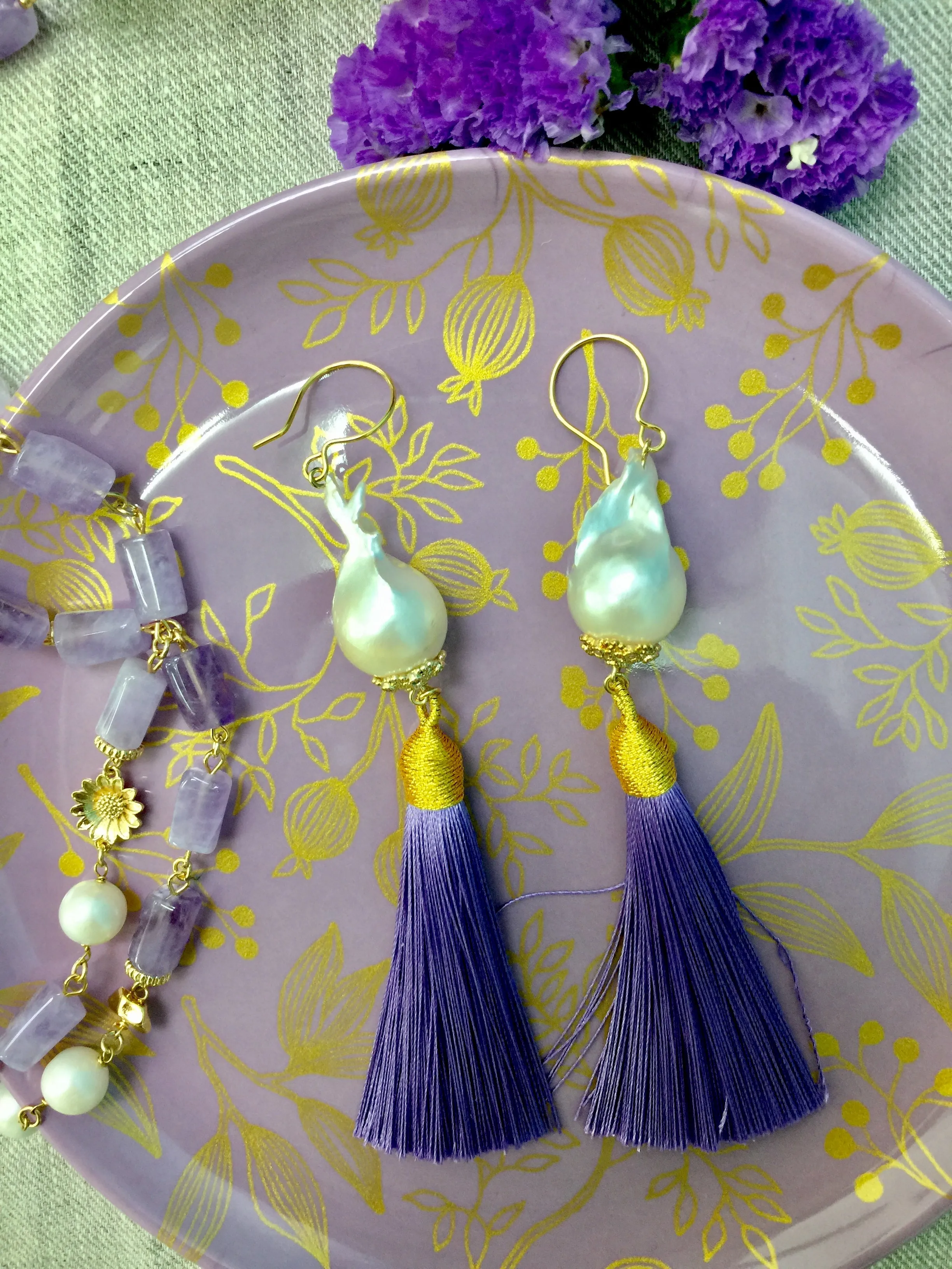 Baroque Pearls Purple Tassel Earrings CE015