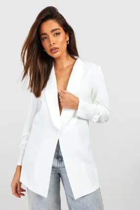 Basic Woven Ruched Sleeve Plunge Lapel Blazer