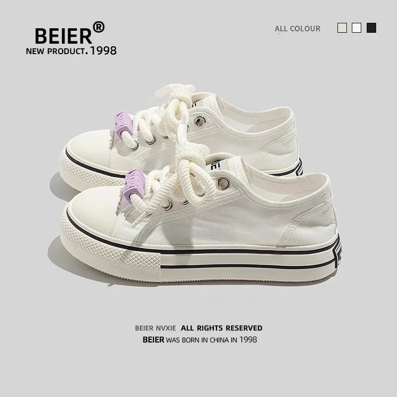 BEIER thick-soled canvas shoes for women 2024 summer new retro casual sneakers with skirts white shoes for women