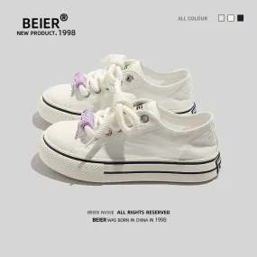 BEIER thick-soled canvas shoes for women 2024 summer new retro casual sneakers with skirts white shoes for women