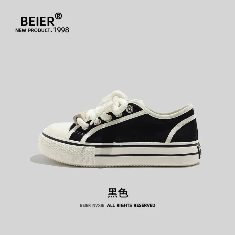 BEIER thick-soled canvas shoes for women 2024 summer new retro casual sneakers with skirts white shoes for women