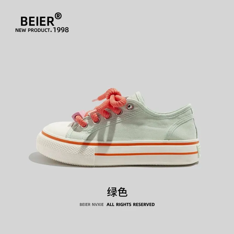 BEIER thick-soled canvas shoes for women 2024 summer new retro casual sneakers with skirts white shoes for women