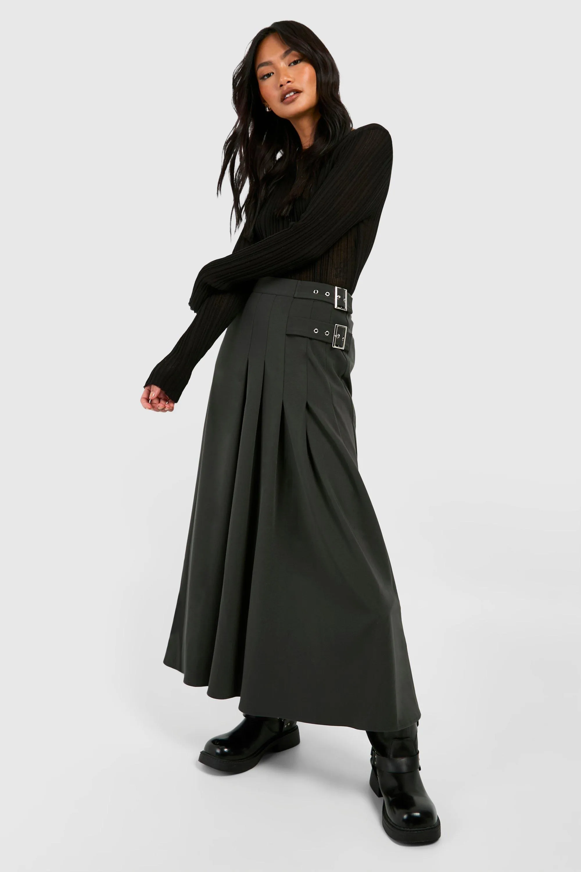 Belt Detail Midi Kilt Skirt