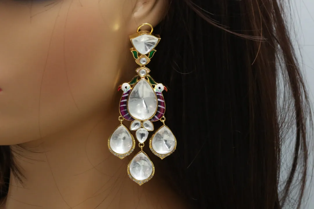 Big Kundan Polki Enamel Earrings -Purple