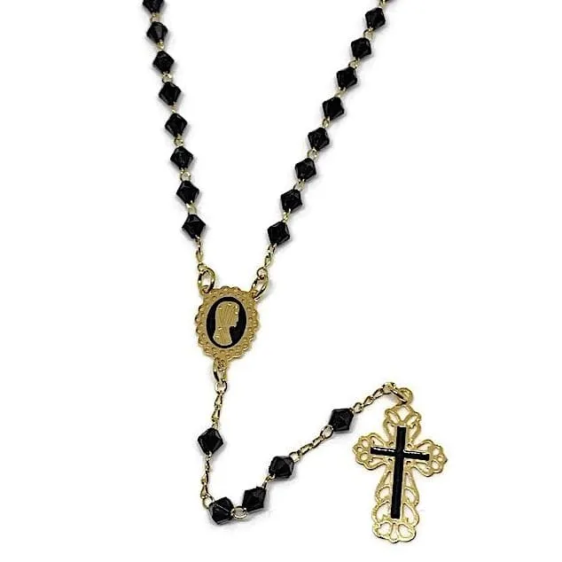 Black 2mm beads gold tone rosary 18kts of gold plated