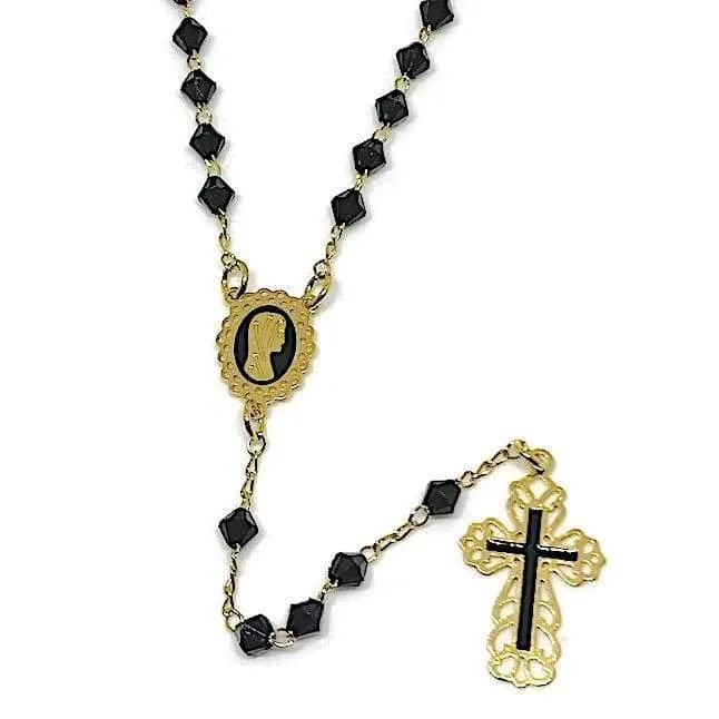 Black 2mm beads gold tone rosary 18kts of gold plated