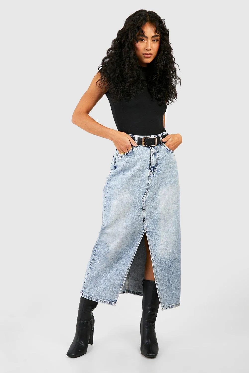 Bleach Wash Fray Hem Split Front Denim Maxi Skirt