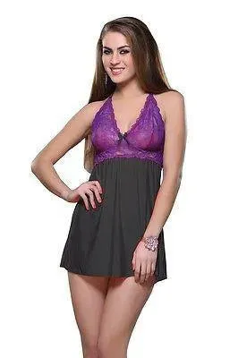 Bold Desire Babydoll Set Black-Purple #514