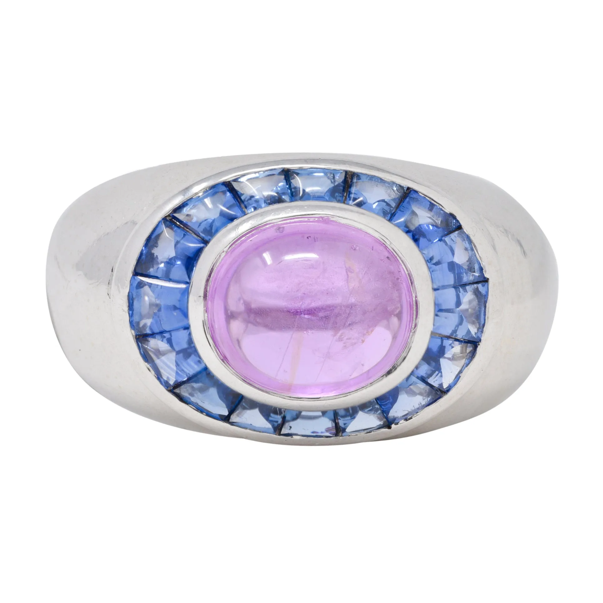 Boucheron French Modernist 5.08 CTW Purple Sapphire Cabochon 18 Karat White Gold Halo Vintage Ring