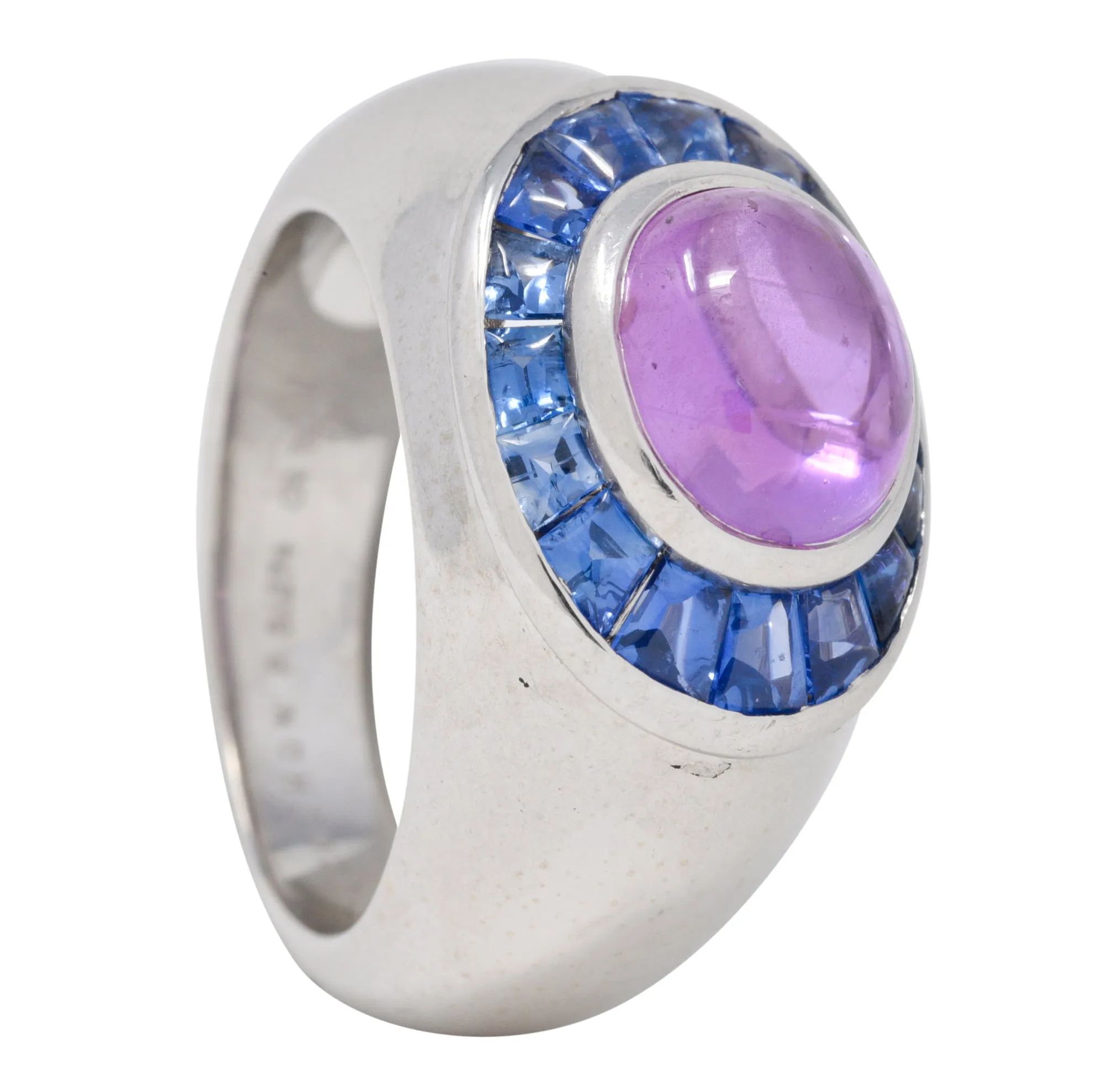 Boucheron French Modernist 5.08 CTW Purple Sapphire Cabochon 18 Karat White Gold Halo Vintage Ring