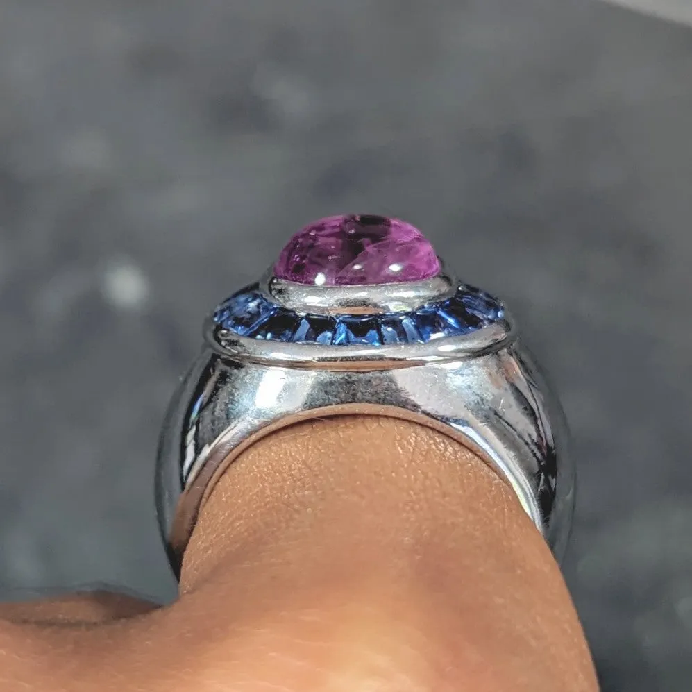 Boucheron French Modernist 5.08 CTW Purple Sapphire Cabochon 18 Karat White Gold Halo Vintage Ring