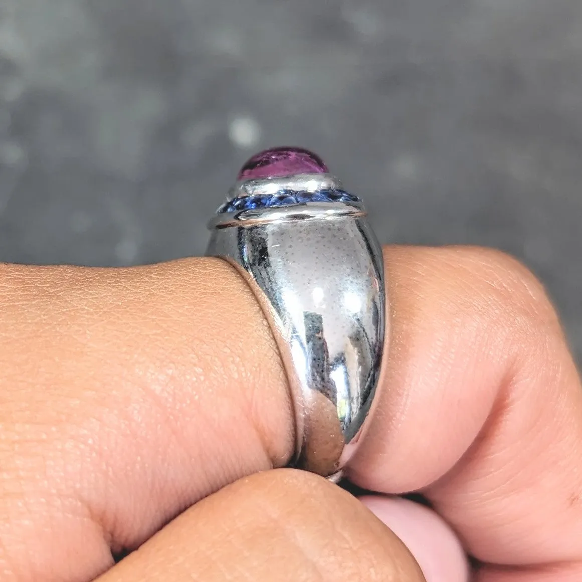 Boucheron French Modernist 5.08 CTW Purple Sapphire Cabochon 18 Karat White Gold Halo Vintage Ring