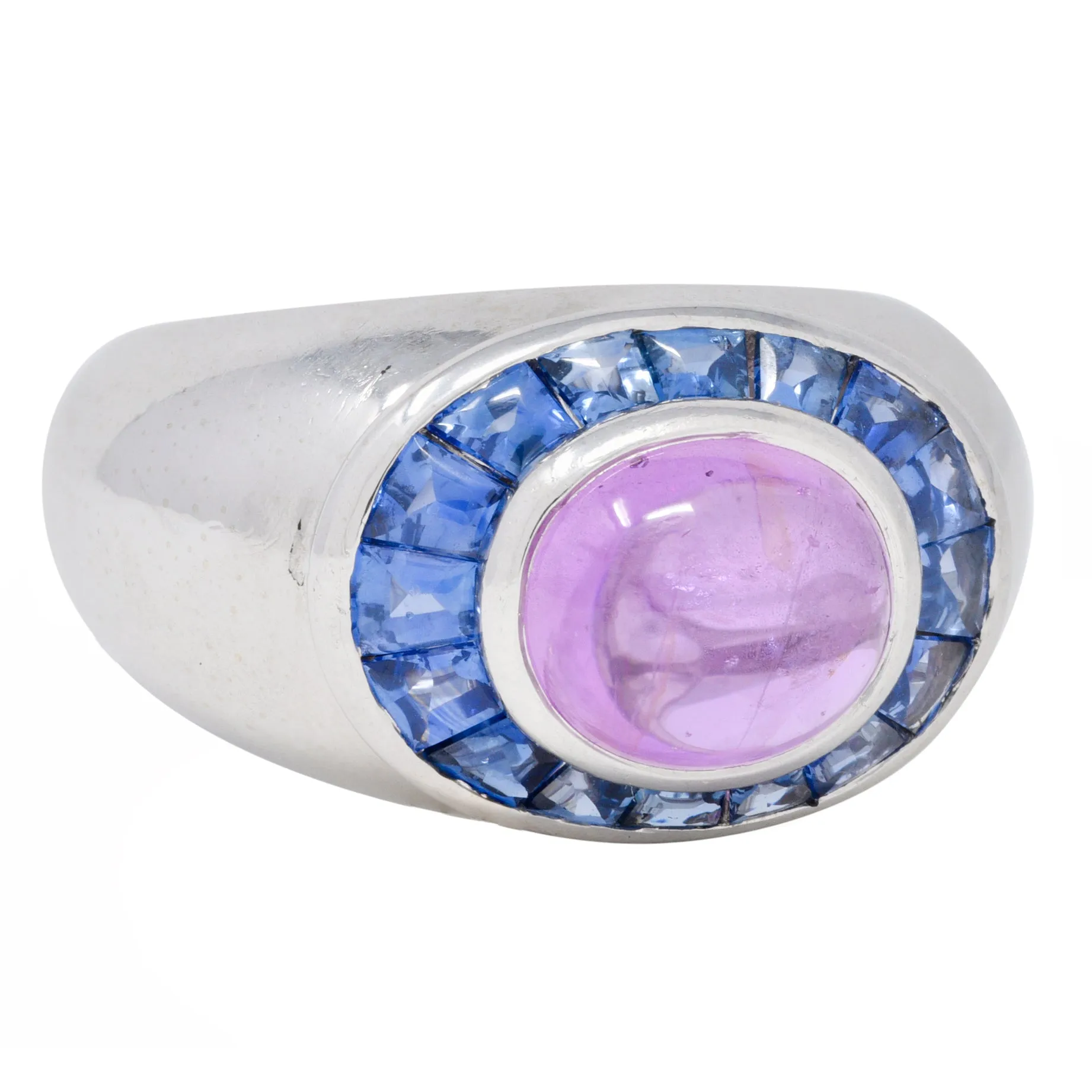 Boucheron French Modernist 5.08 CTW Purple Sapphire Cabochon 18 Karat White Gold Halo Vintage Ring