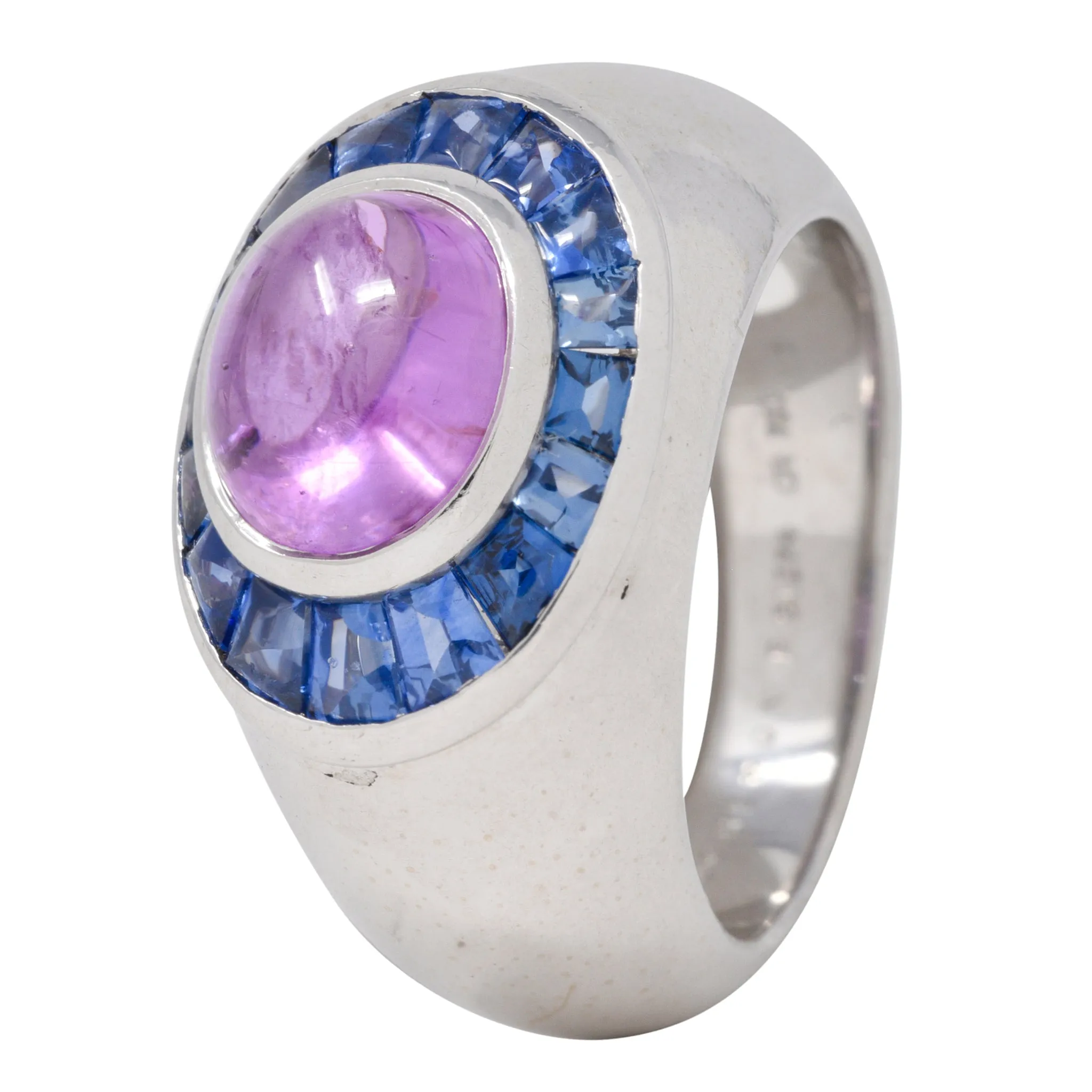 Boucheron French Modernist 5.08 CTW Purple Sapphire Cabochon 18 Karat White Gold Halo Vintage Ring