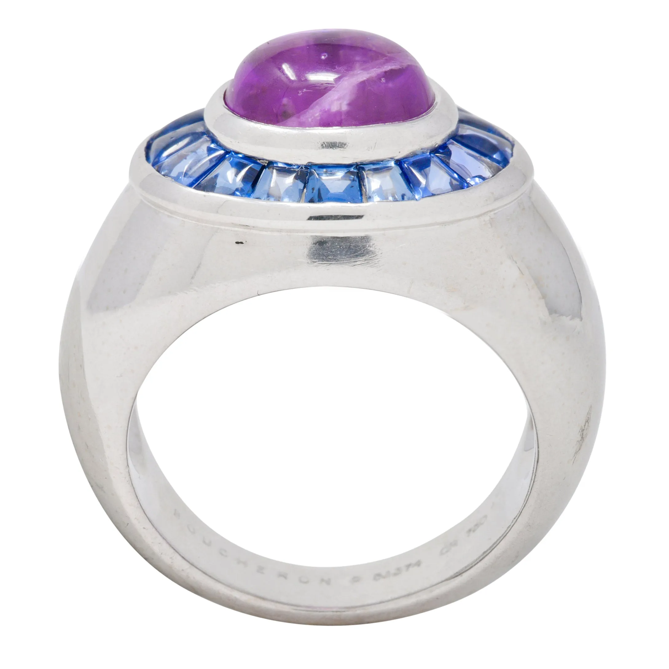 Boucheron French Modernist 5.08 CTW Purple Sapphire Cabochon 18 Karat White Gold Halo Vintage Ring