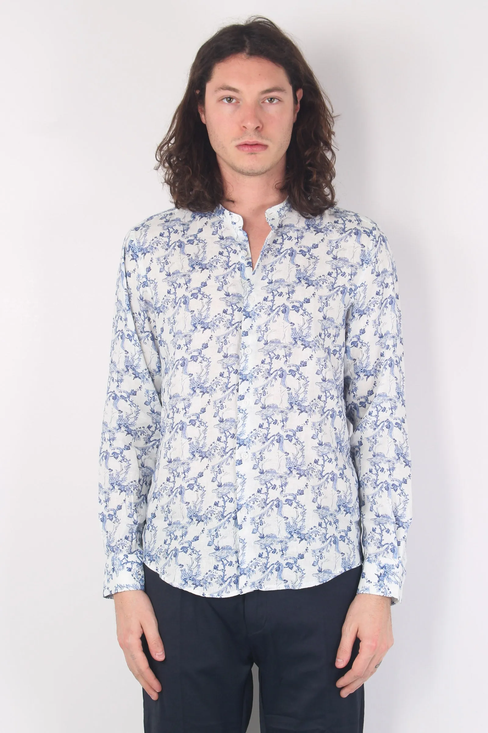 Camicia Lino Coreana Fiori White