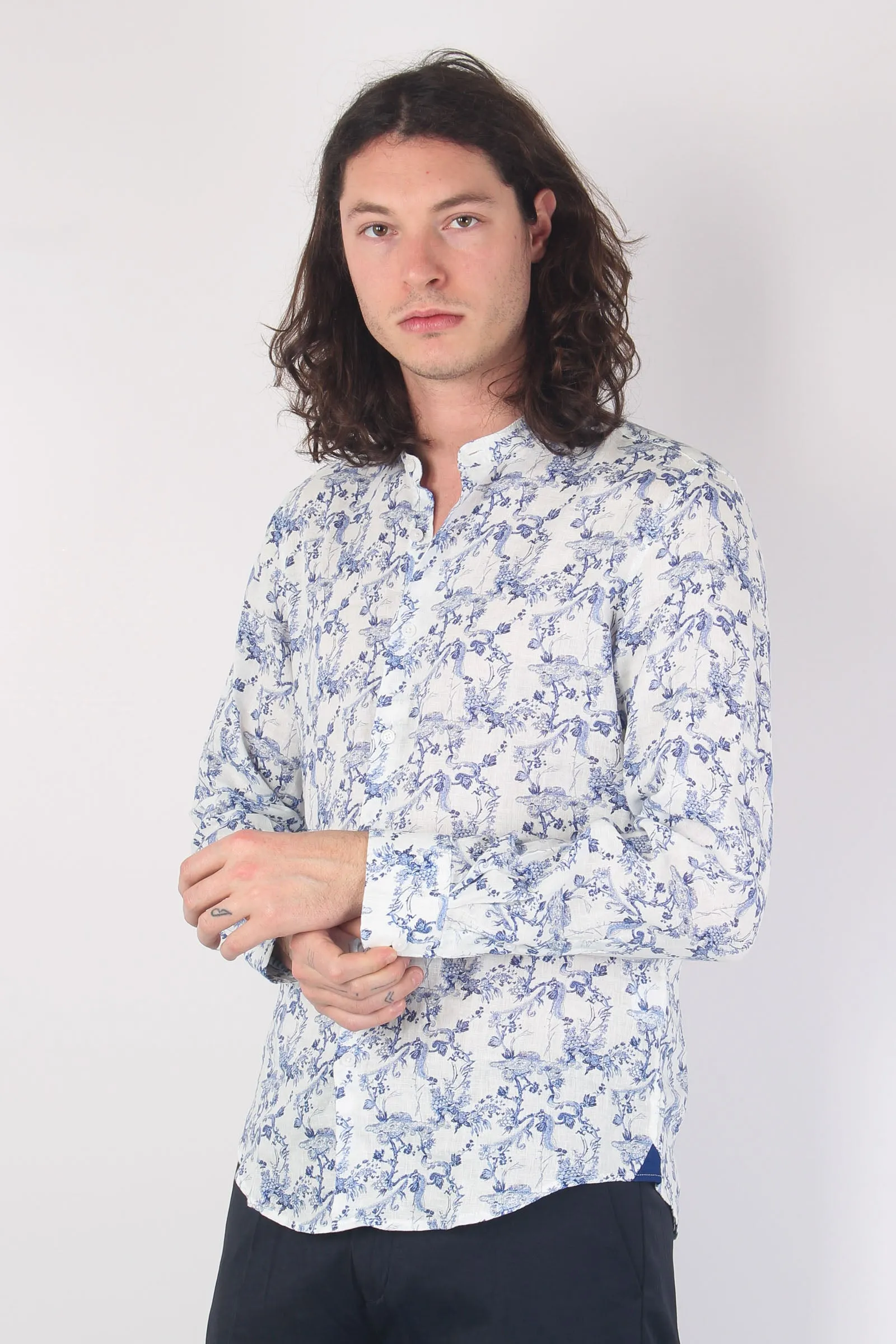 Camicia Lino Coreana Fiori White