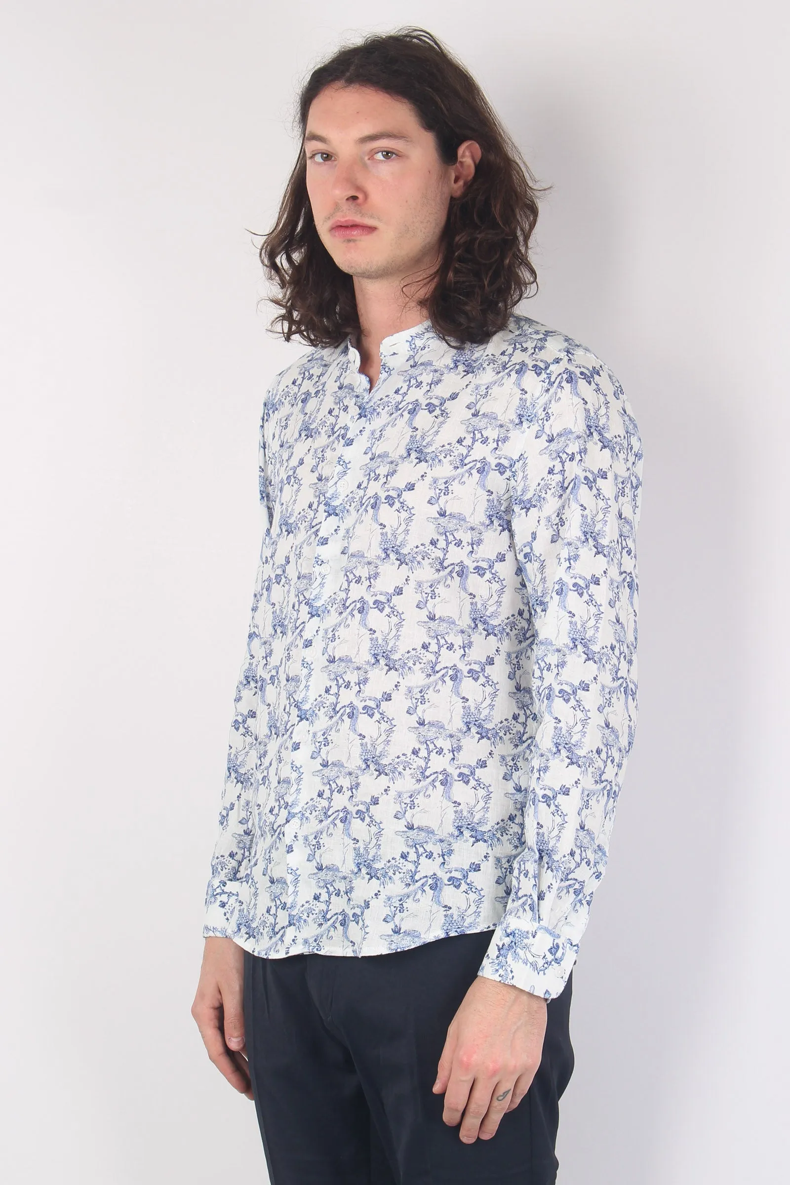 Camicia Lino Coreana Fiori White