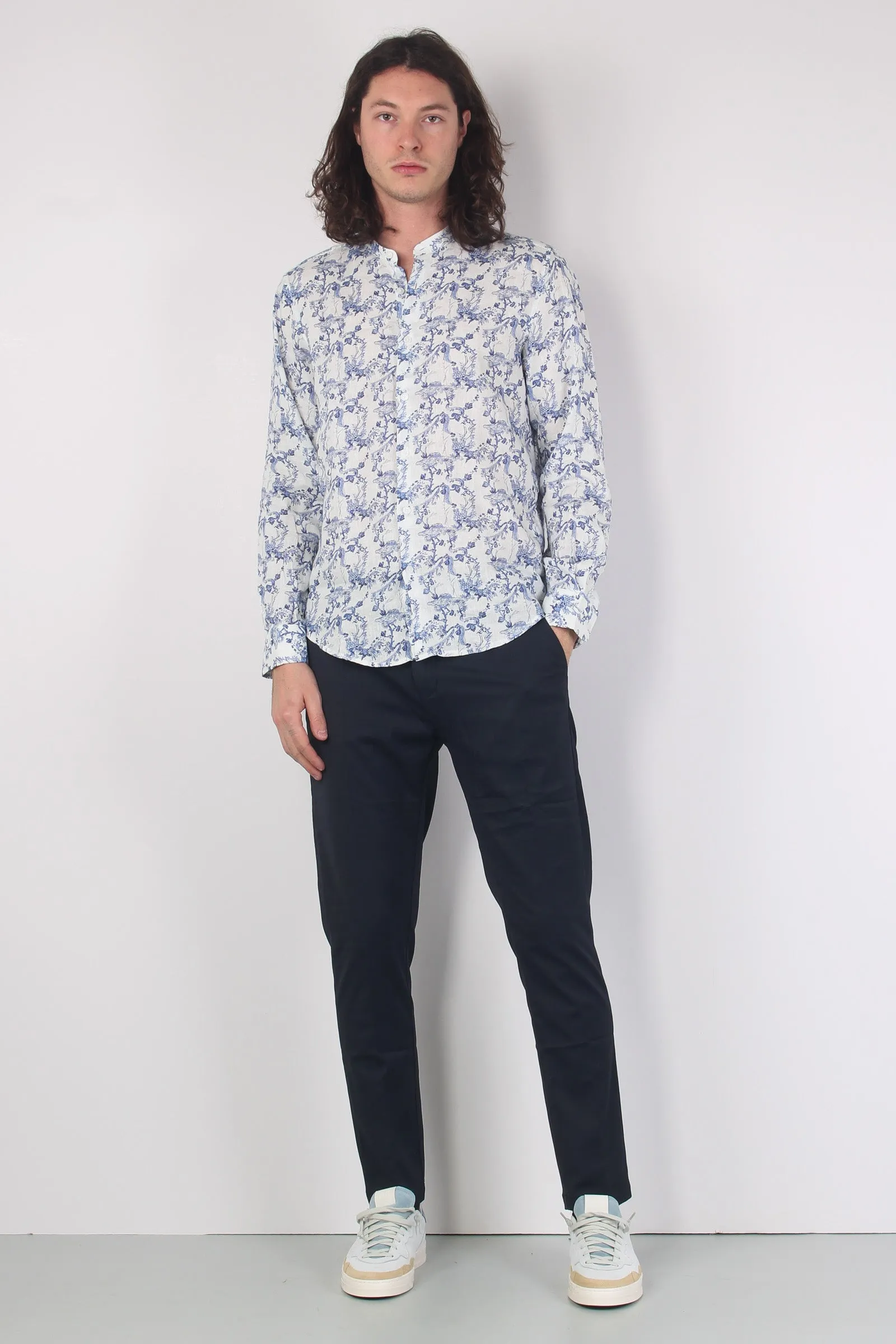 Camicia Lino Coreana Fiori White