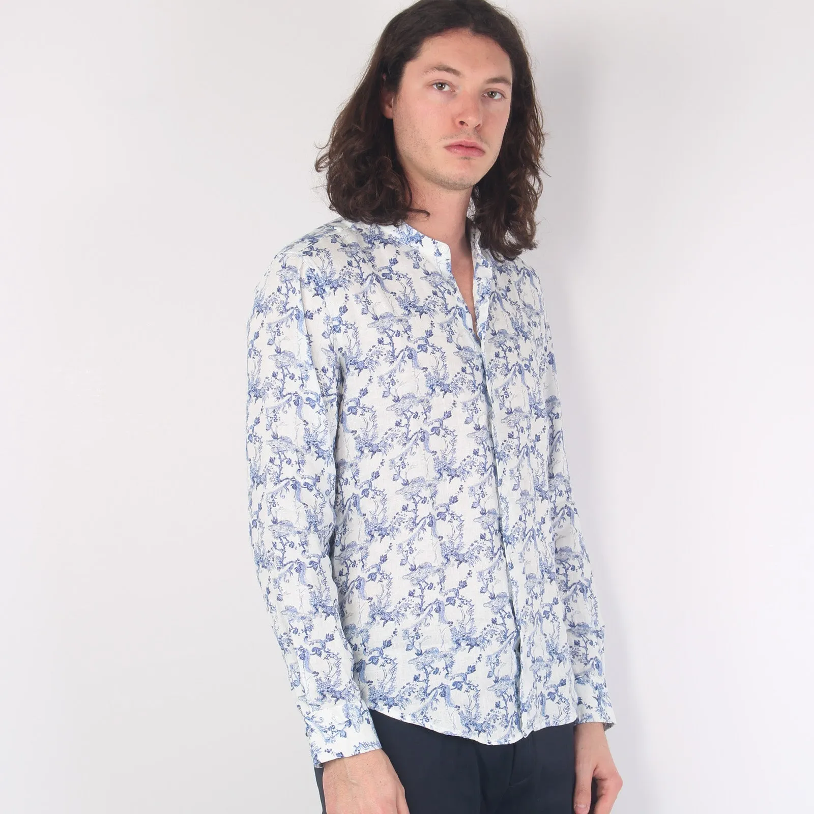 Camicia Lino Coreana Fiori White