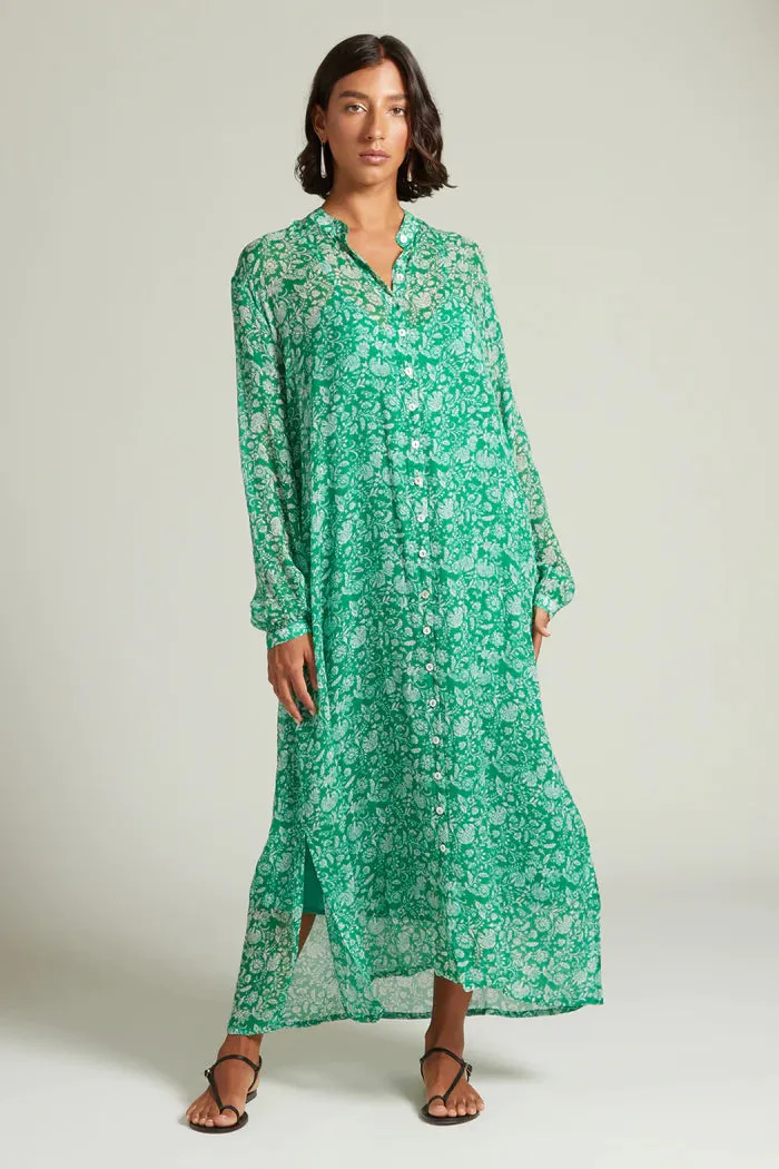 Chan Luu Silk Long Sleeve Button Down Maxi Dress in Jelly Bean 